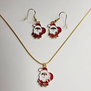 NWT Christmas Set Santa Charm Red And Gold Color Necklace And Earrings Bundle